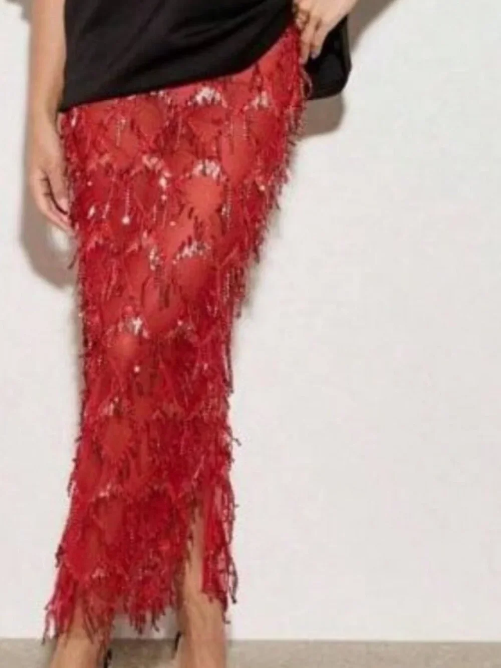 Red Casual Women's High Waist Sheer Mesh Fringe Sequin See Through Maxi Skirt